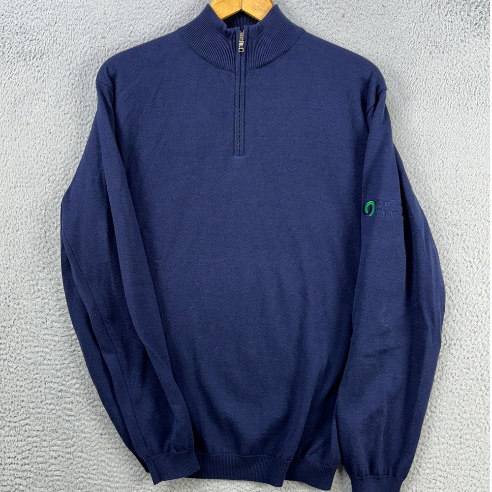 Harlestons Sweater Pullover Mens Large Blue Knit Quarter Zip Long Sleeve Logo